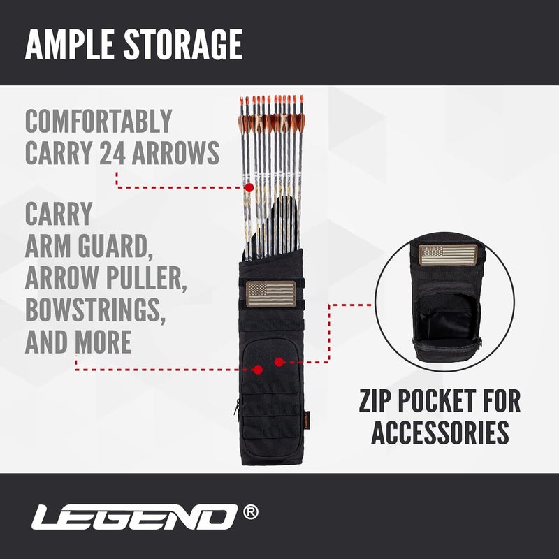 Legend Back Quiver - Tactical Arrow Holder, High-Density Polyester Fabric, Extra Shoulder Foam Padding - MOLLE System for Patches, Pouches - Zippered Storage for Archery & Hunting Accessories - Image 2